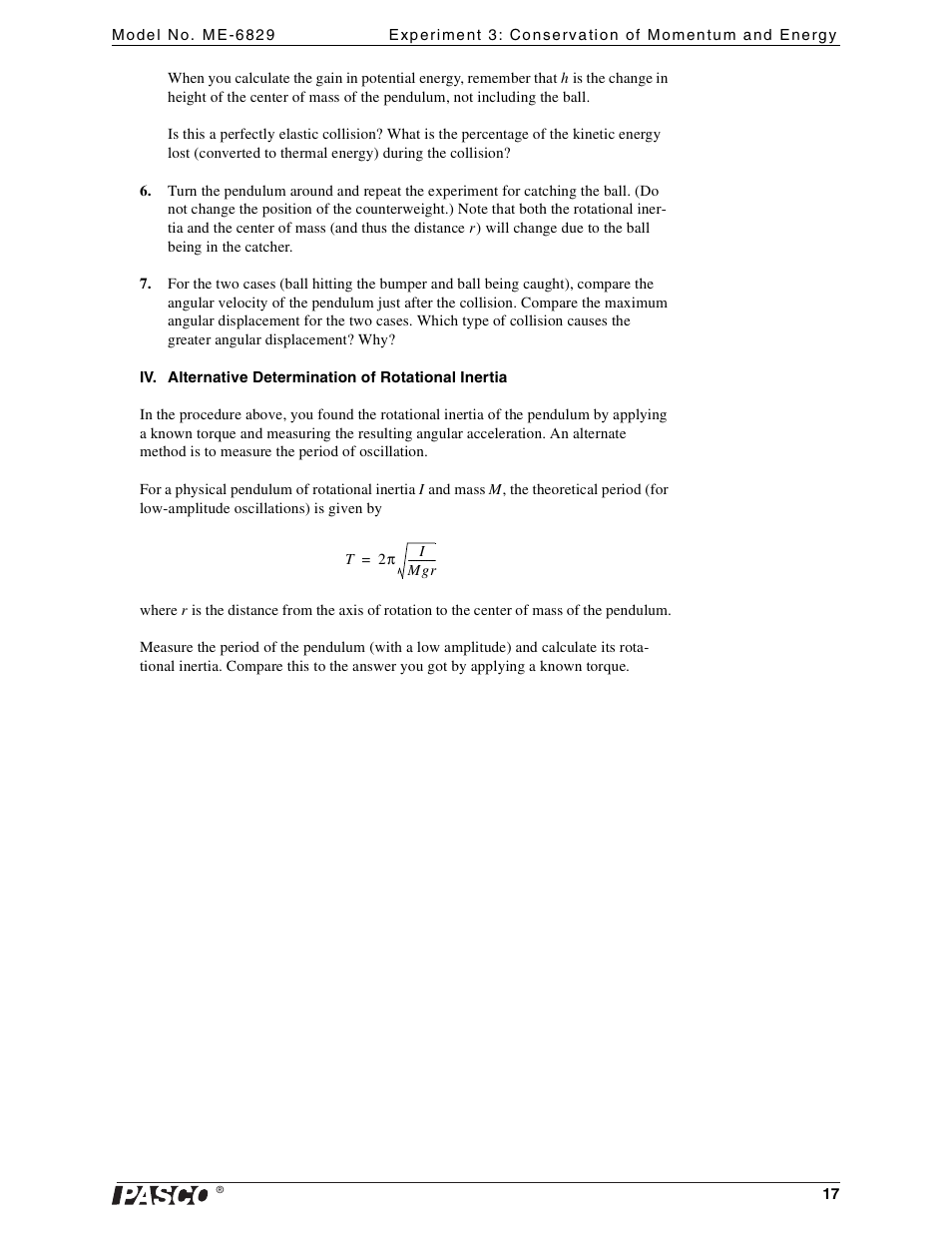 PASCO ME-6829 Mini Launcher Ballistic Pendulum User Manual | Page 17 / 18