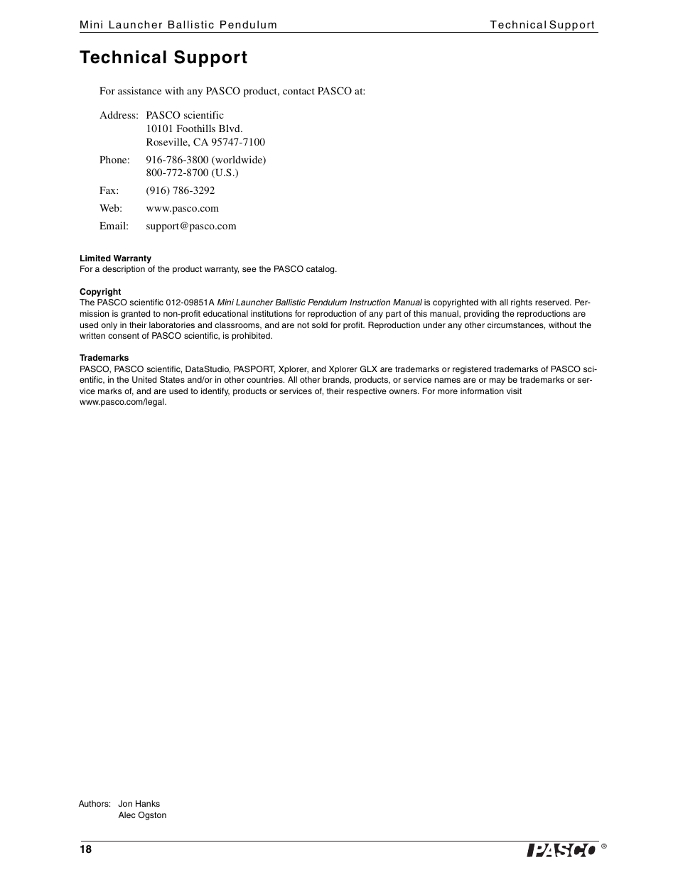 Technical support, Limited warranty, Copyright | Trademarks | PASCO ME-6829 Mini Launcher Ballistic Pendulum User Manual | Page 18 / 18