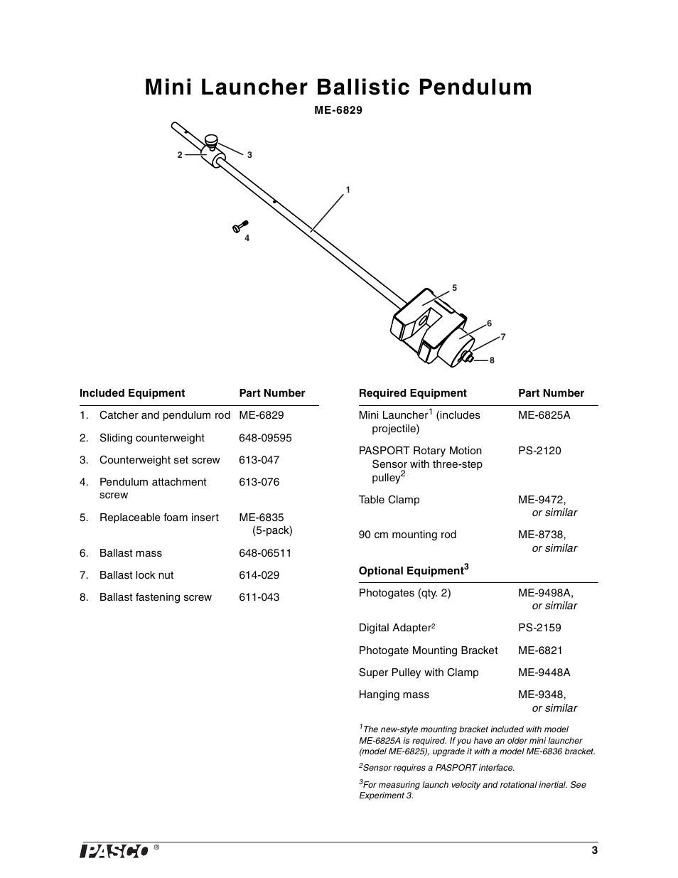 Mini launcher ballistic pendulum | PASCO ME-6829 Mini Launcher Ballistic Pendulum User Manual | Page 3 / 18