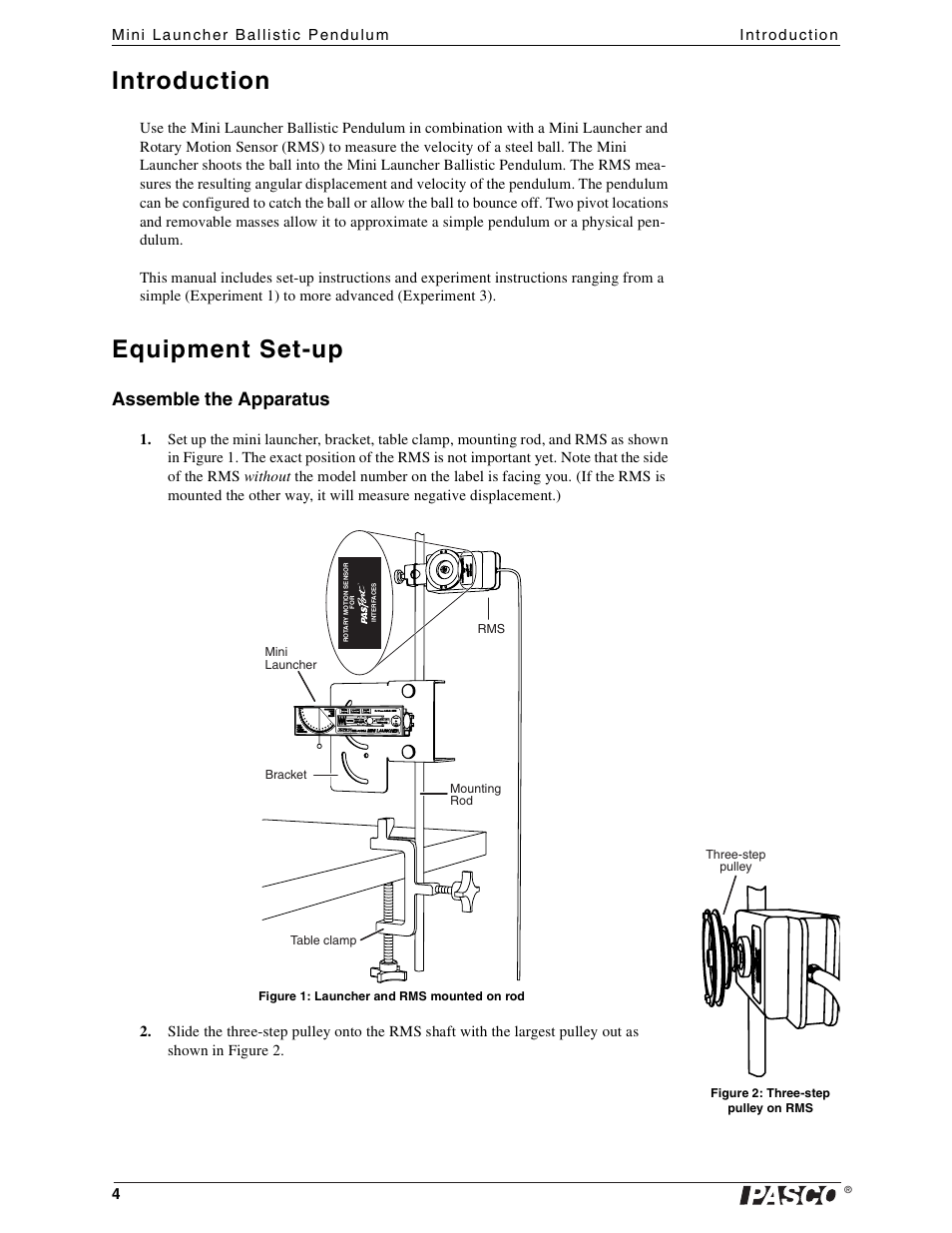 Introduction, Equipment set-up, Assemble the apparatus | PASCO ME-6829 Mini Launcher Ballistic Pendulum User Manual | Page 4 / 18