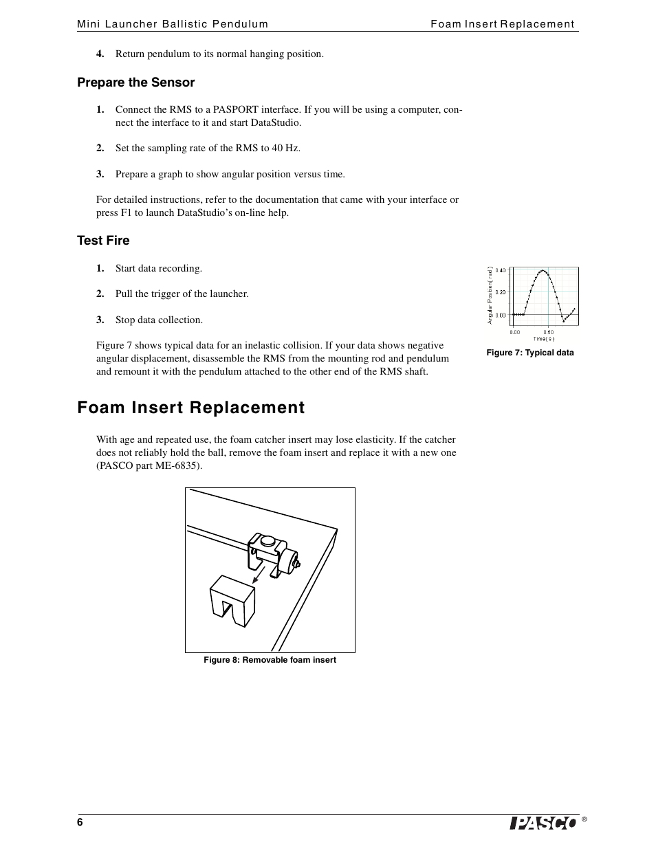 Foam insert replacement | PASCO ME-6829 Mini Launcher Ballistic Pendulum User Manual | Page 6 / 18