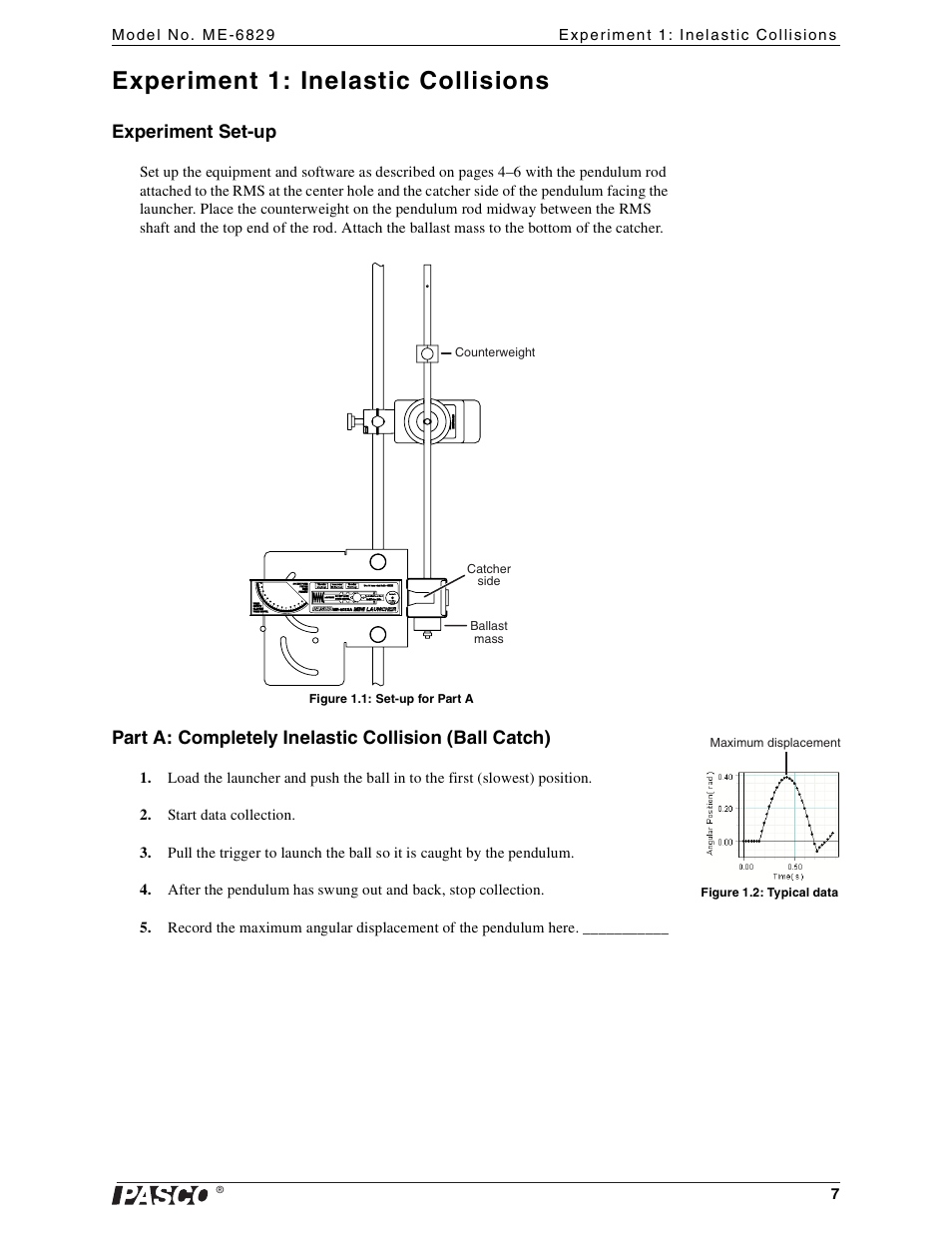 Experiment 1: inelastic collisions, Experiment set-up | PASCO ME-6829 Mini Launcher Ballistic Pendulum User Manual | Page 7 / 18