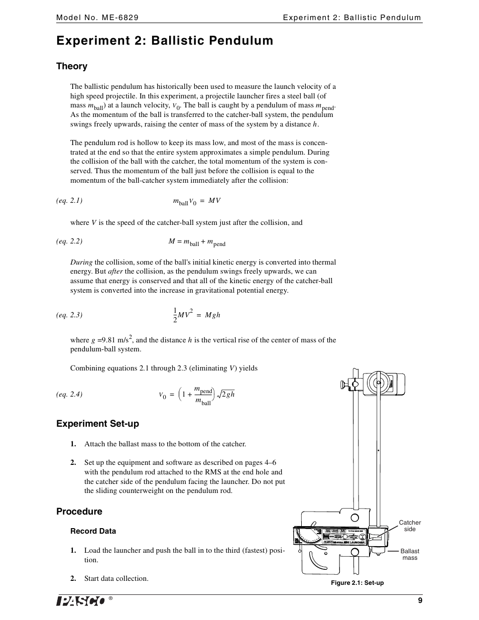 Experiment 2: ballistic pendulum, Theory, Experiment set-up | Procedure | PASCO ME-6829 Mini Launcher Ballistic Pendulum User Manual | Page 9 / 18