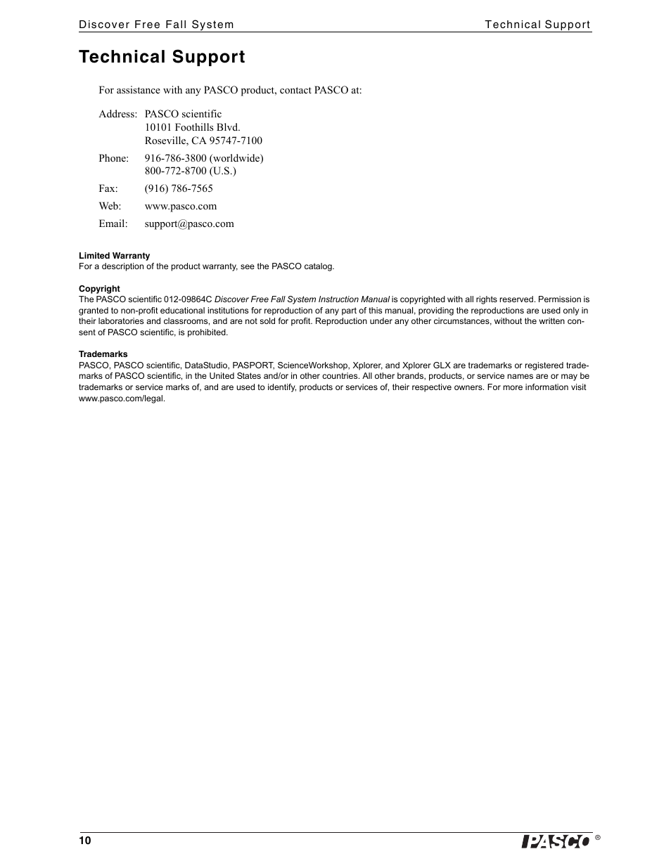 Technical support, Limited warranty, Copyright | Trademarks | PASCO ME-9893 Discover Free Fall Accessory User Manual | Page 10 / 10