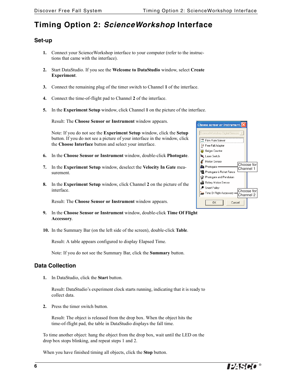 Timing option 2: scienceworkshop interface | PASCO ME-9893 Discover Free Fall Accessory User Manual | Page 6 / 10