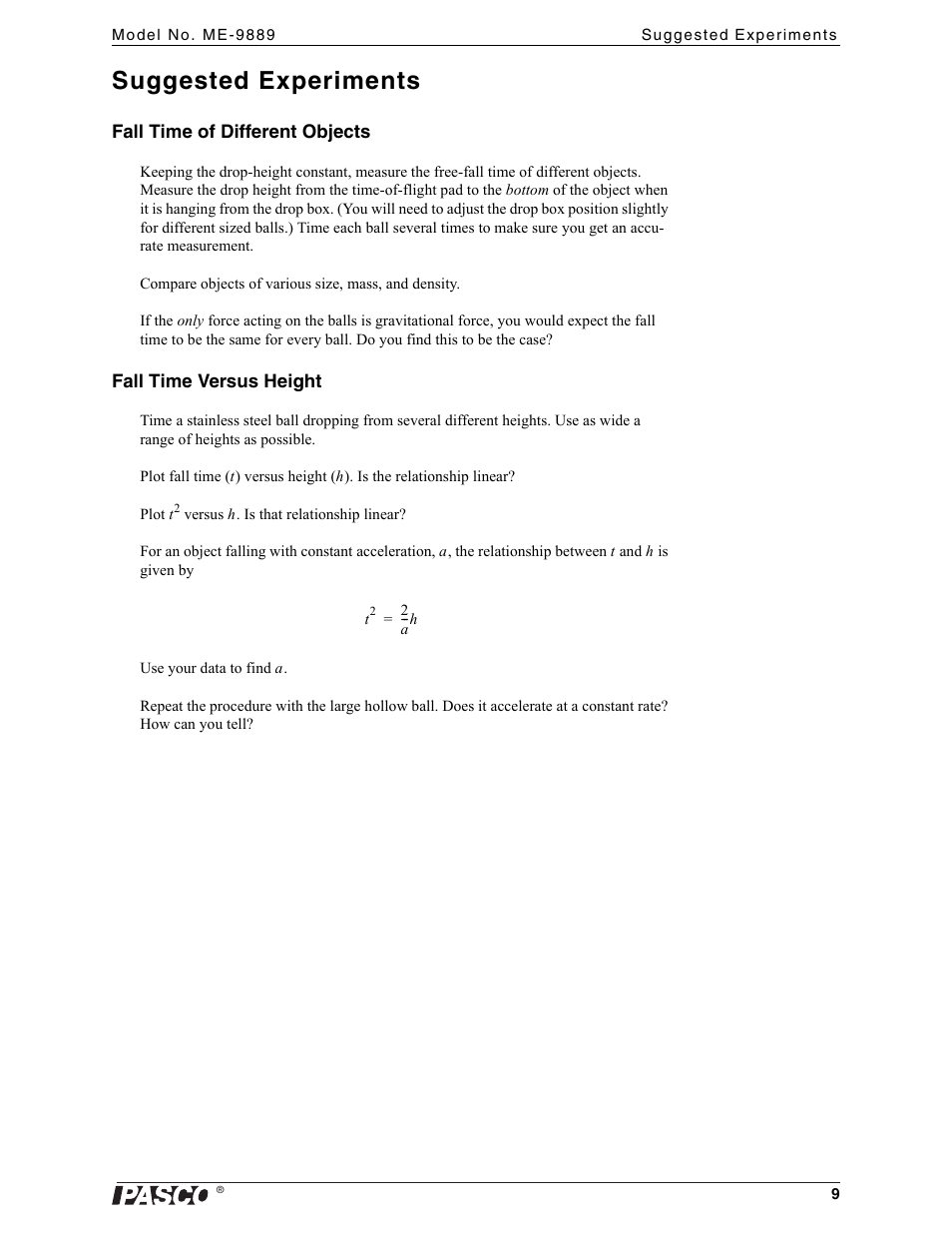 Suggested experiments | PASCO ME-9893 Discover Free Fall Accessory User Manual | Page 9 / 10