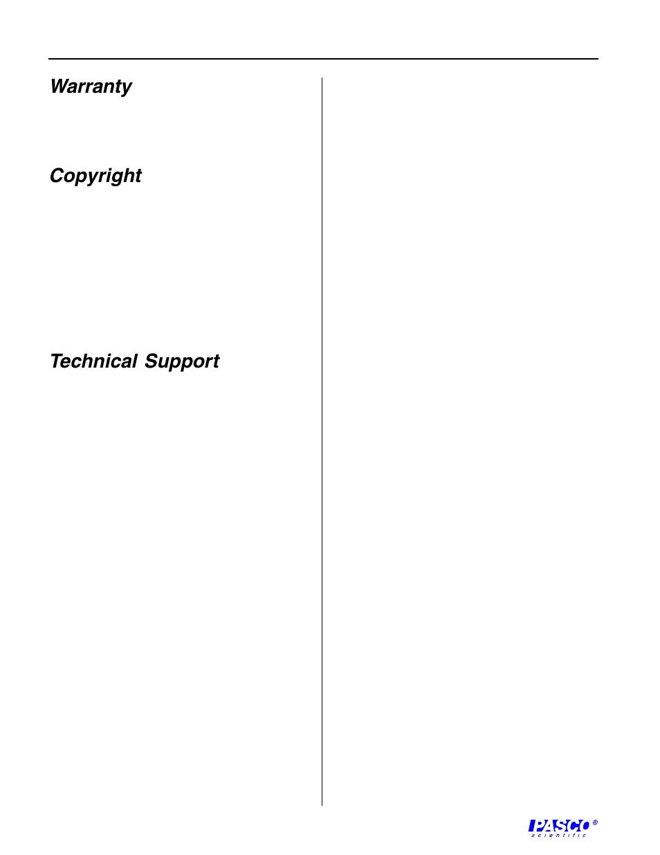 Warranty, Copyright, Technical support | PASCO SE-7256 Motion Sensor Guard User Manual | Page 2 / 2