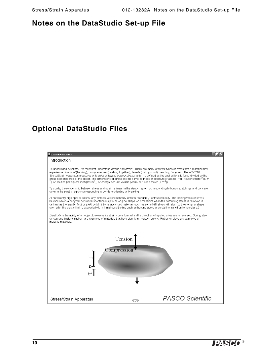 Notes on the datastudio set-up file, Optional datastudio files | PASCO AP-8214A Stress_Strain Apparatus User Manual | Page 10 / 12