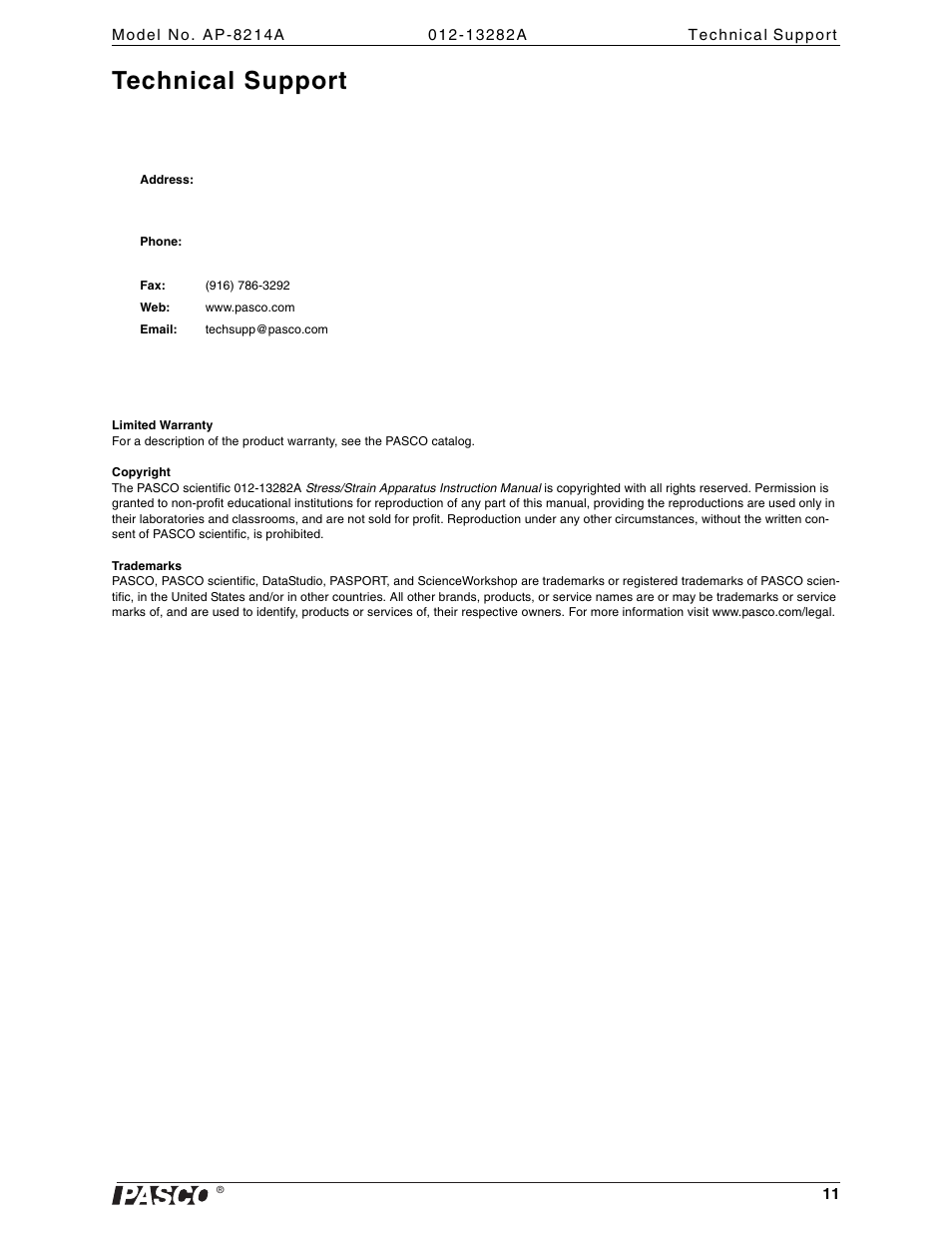 Technical support | PASCO AP-8214A Stress_Strain Apparatus User Manual | Page 11 / 12