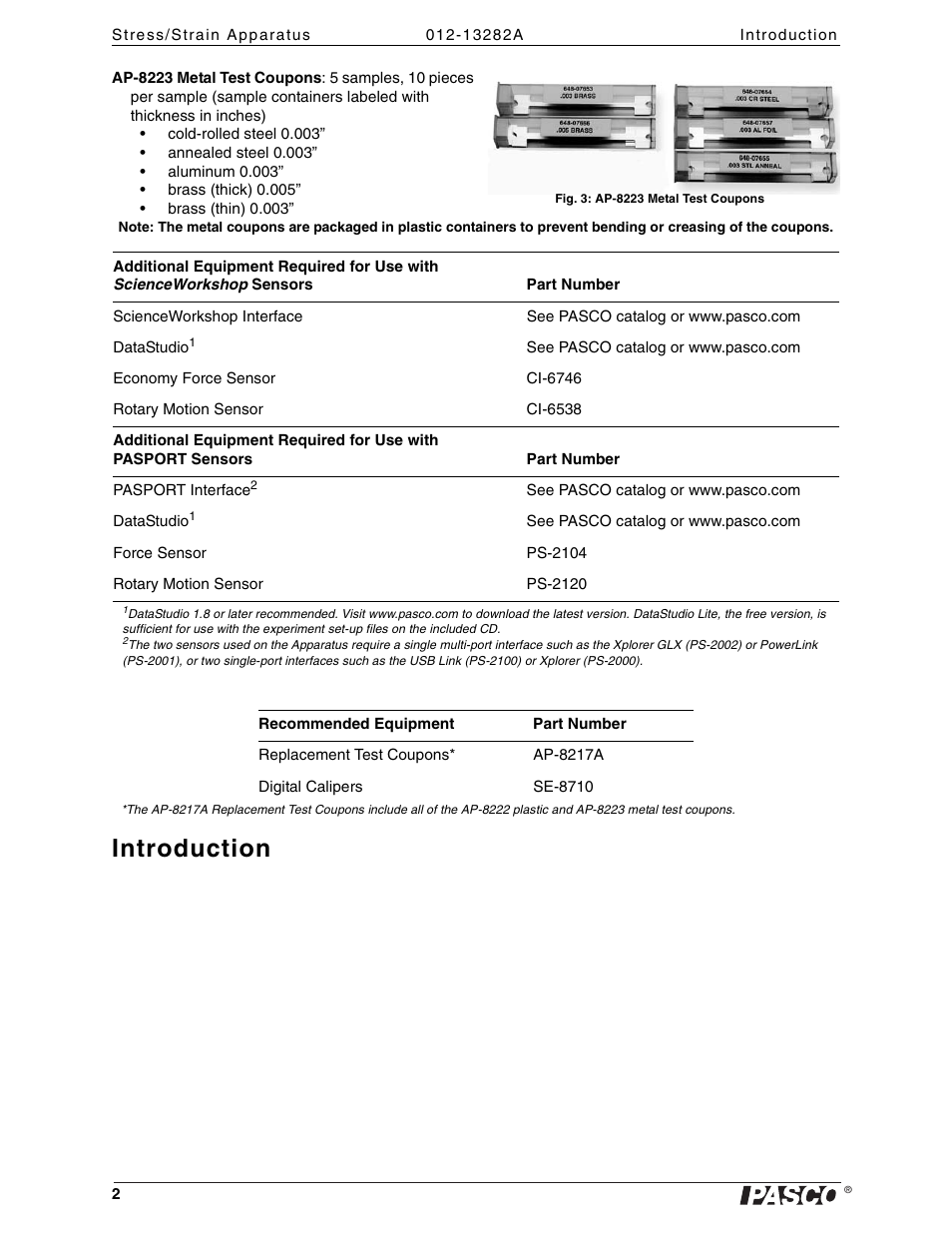 Introduction | PASCO AP-8214A Stress_Strain Apparatus User Manual | Page 2 / 12