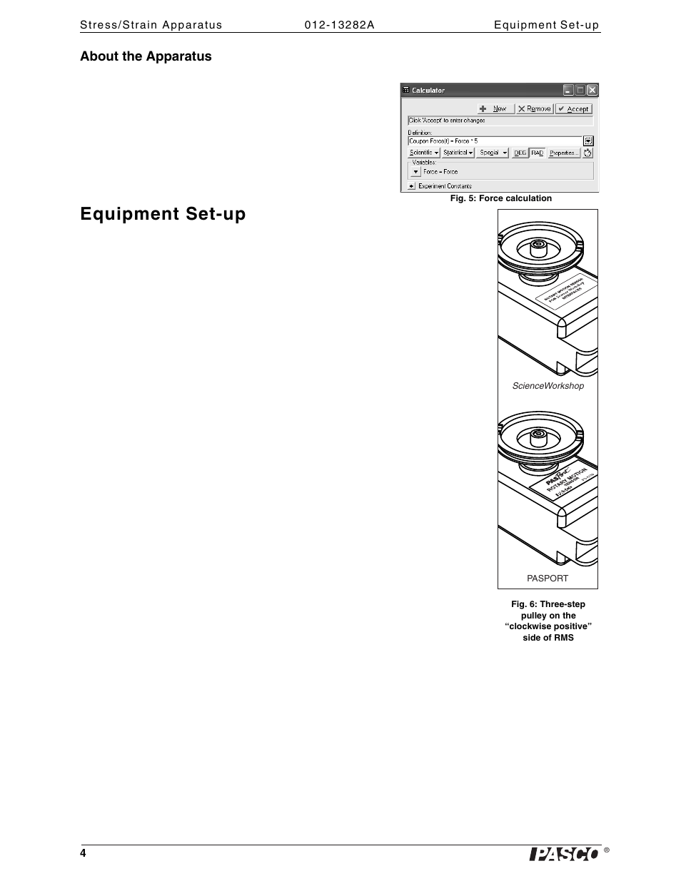 About the apparatus, Equipment set-up | PASCO AP-8214A Stress_Strain Apparatus User Manual | Page 4 / 12