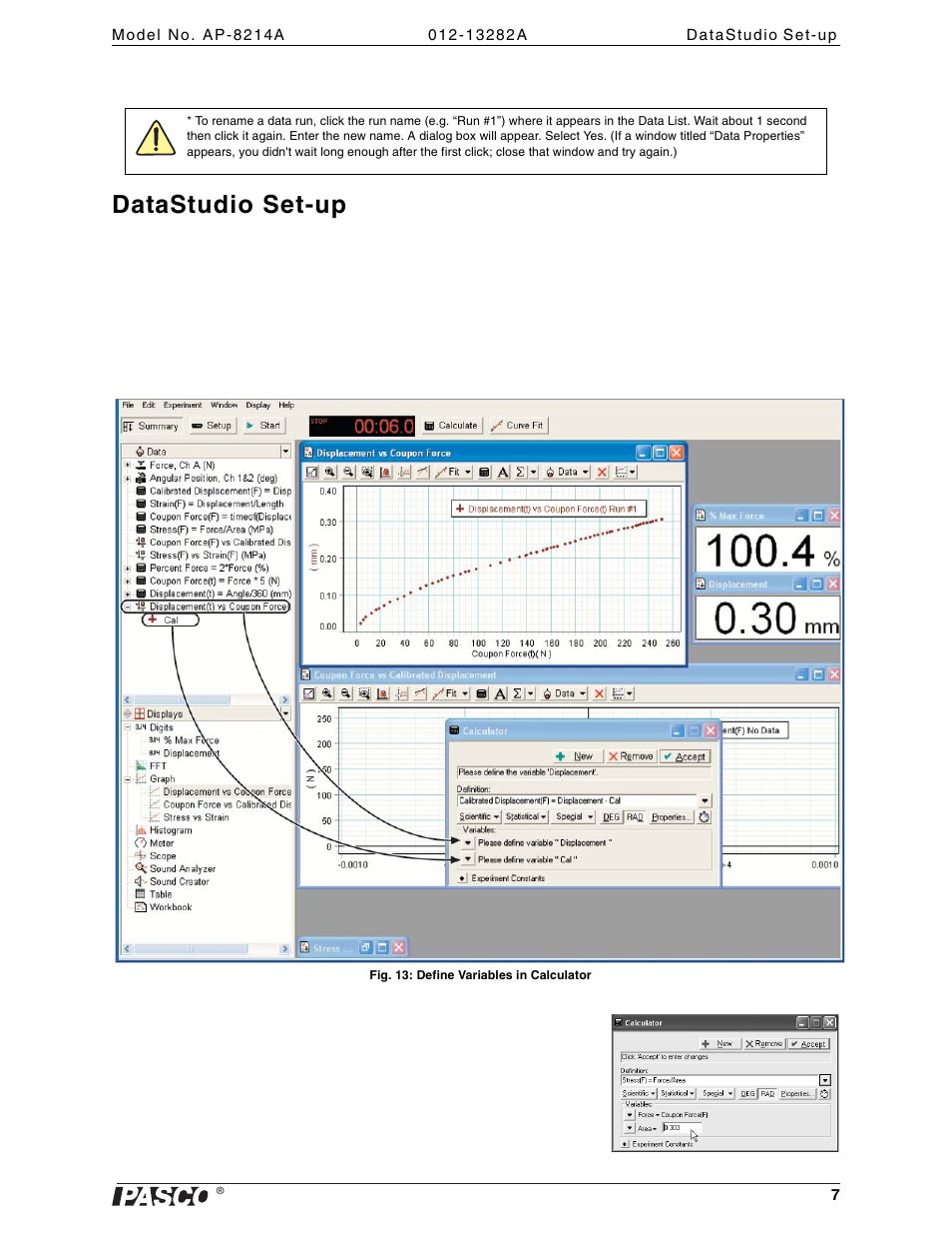 Datastudio set-up | PASCO AP-8214A Stress_Strain Apparatus User Manual | Page 7 / 12