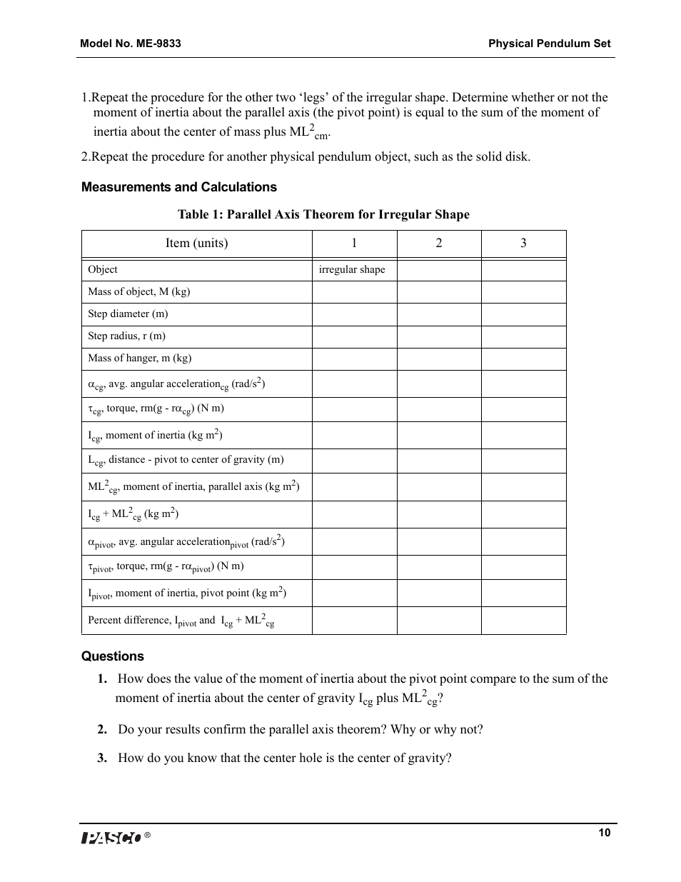 PASCO ME-9833 Physical Pendulum Set User Manual | Page 10 / 30