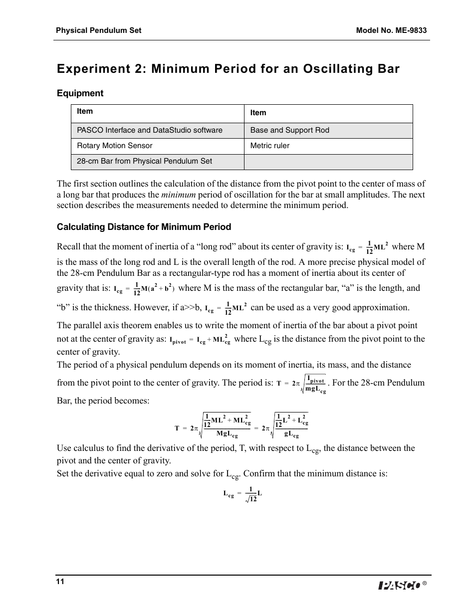 Confirm that the minimum distance is | PASCO ME-9833 Physical Pendulum Set User Manual | Page 11 / 30