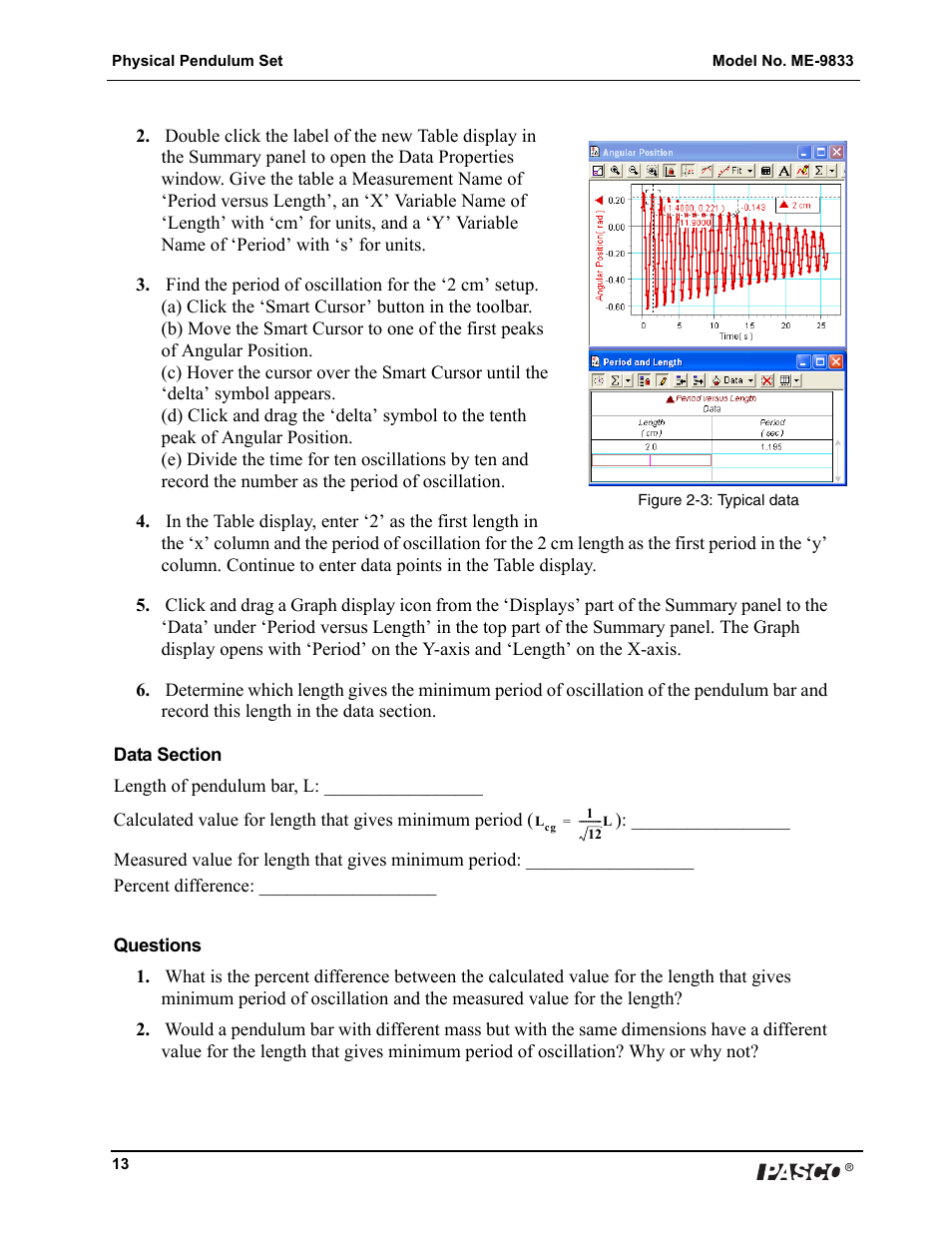 PASCO ME-9833 Physical Pendulum Set User Manual | Page 13 / 30