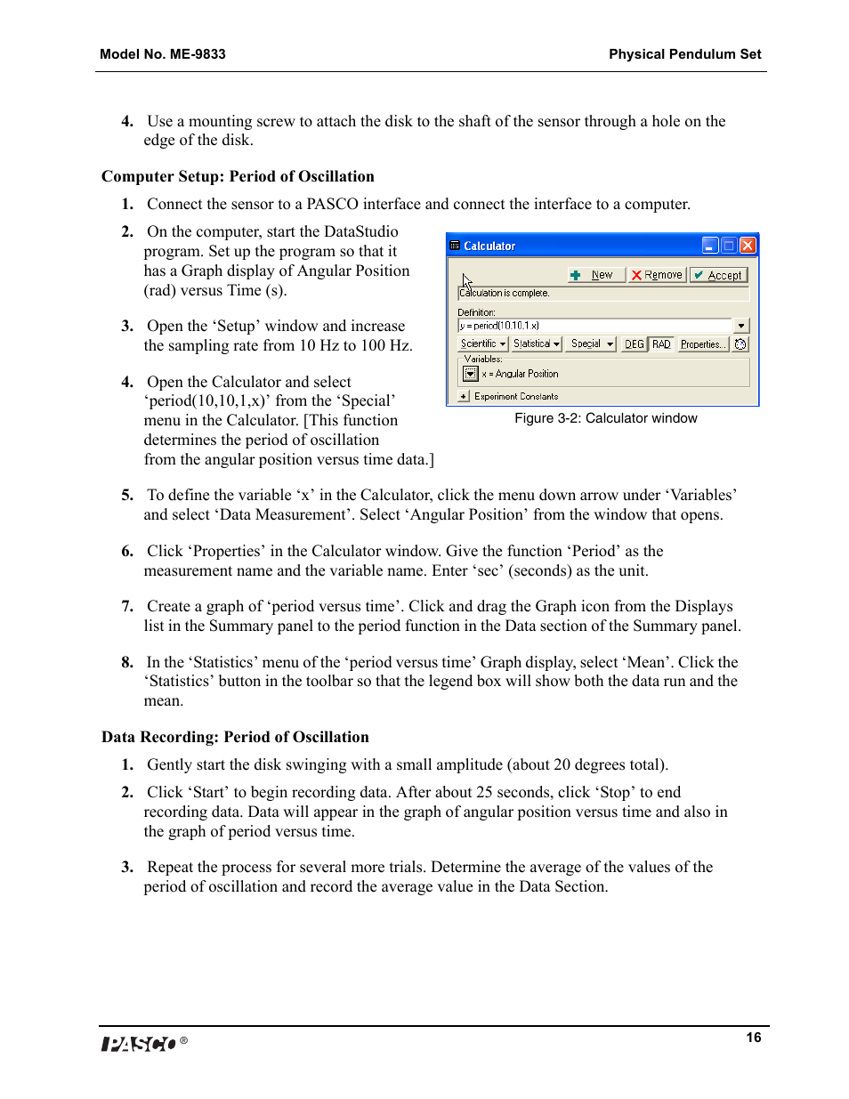 PASCO ME-9833 Physical Pendulum Set User Manual | Page 16 / 30
