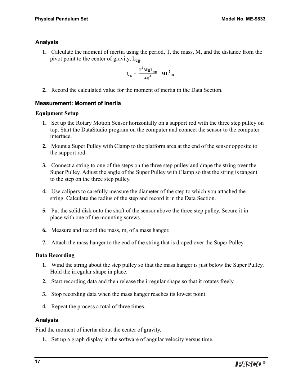 PASCO ME-9833 Physical Pendulum Set User Manual | Page 17 / 30