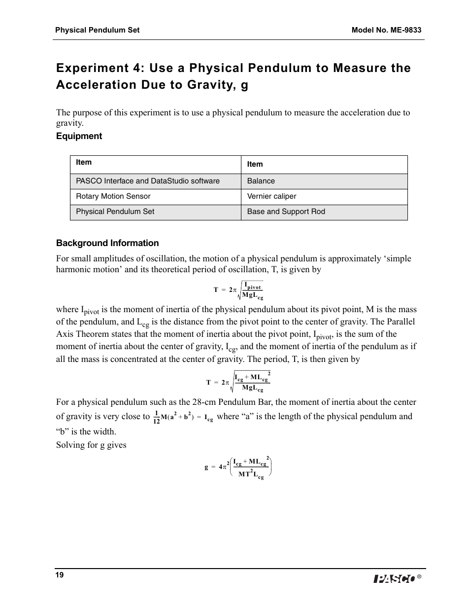 PASCO ME-9833 Physical Pendulum Set User Manual | Page 19 / 30