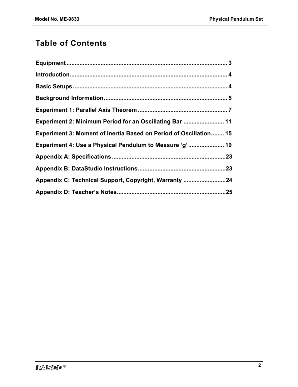 PASCO ME-9833 Physical Pendulum Set User Manual | Page 2 / 30