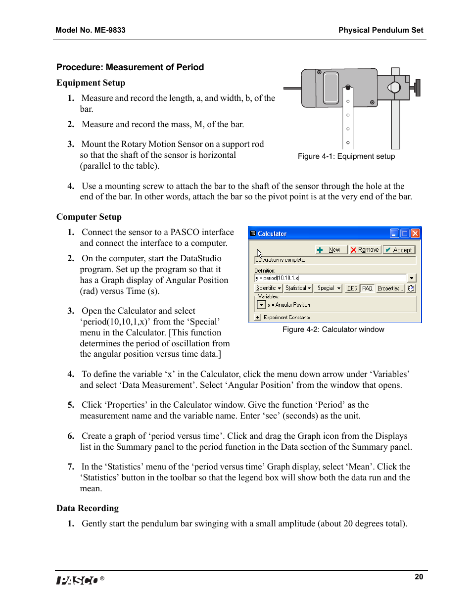 PASCO ME-9833 Physical Pendulum Set User Manual | Page 20 / 30