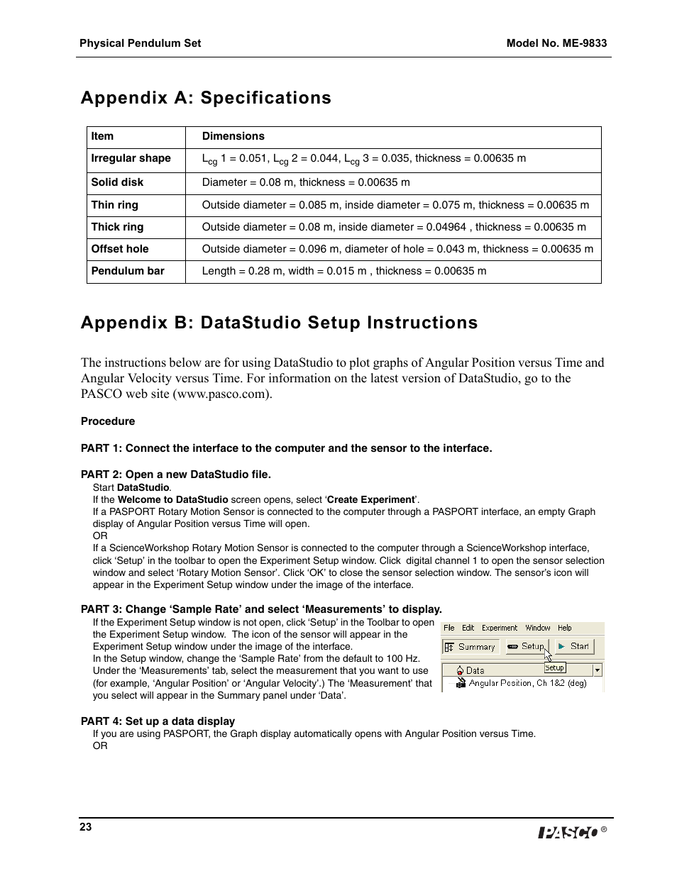 PASCO ME-9833 Physical Pendulum Set User Manual | Page 23 / 30