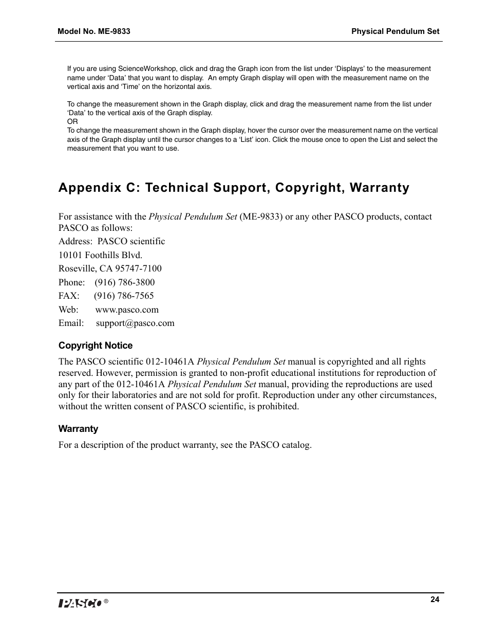 Appendix c: technical support, copyright, warranty | PASCO ME-9833 Physical Pendulum Set User Manual | Page 24 / 30