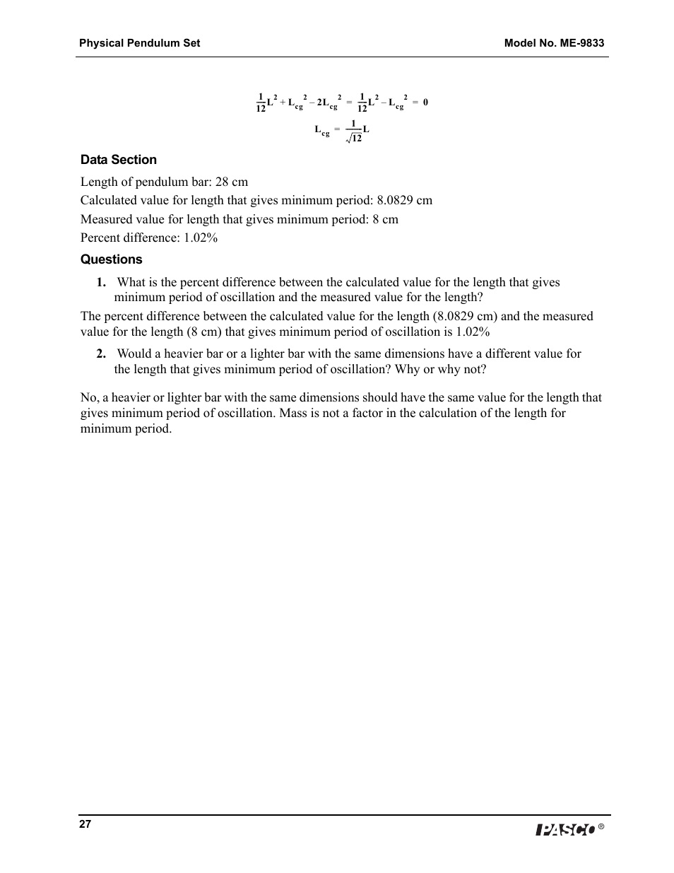 PASCO ME-9833 Physical Pendulum Set User Manual | Page 27 / 30