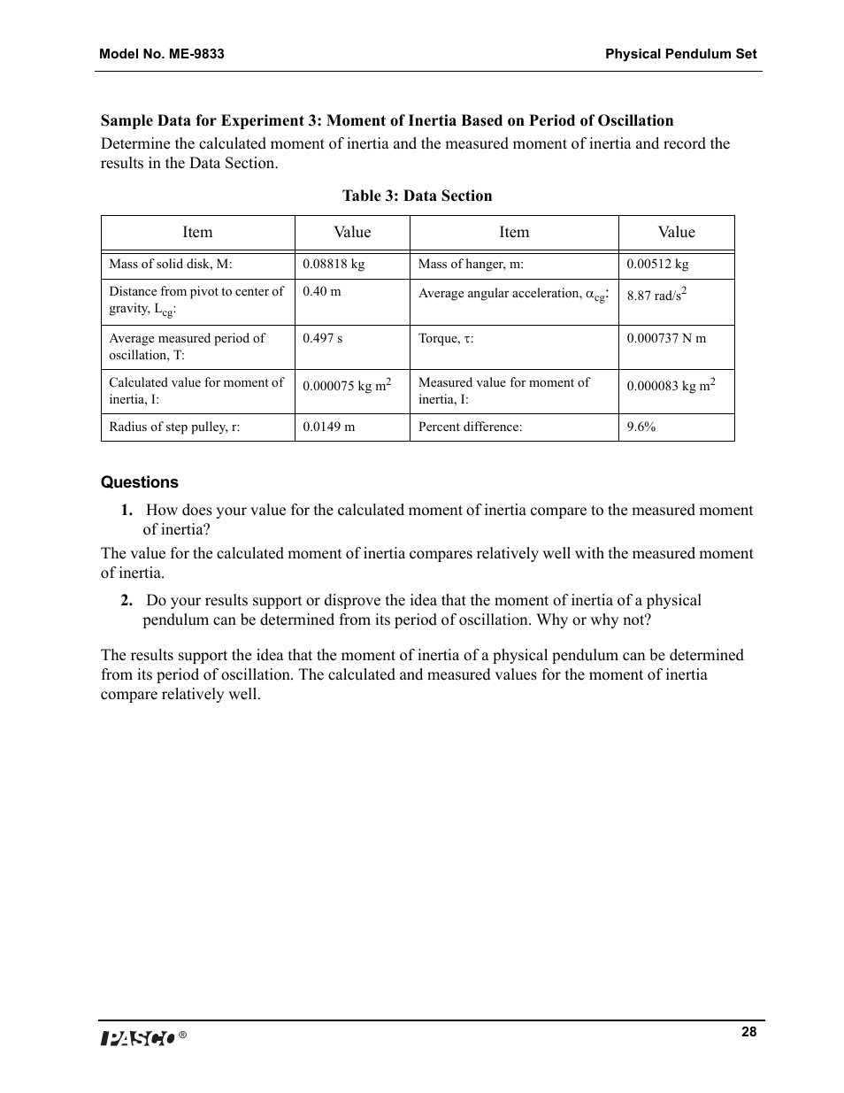 PASCO ME-9833 Physical Pendulum Set User Manual | Page 28 / 30