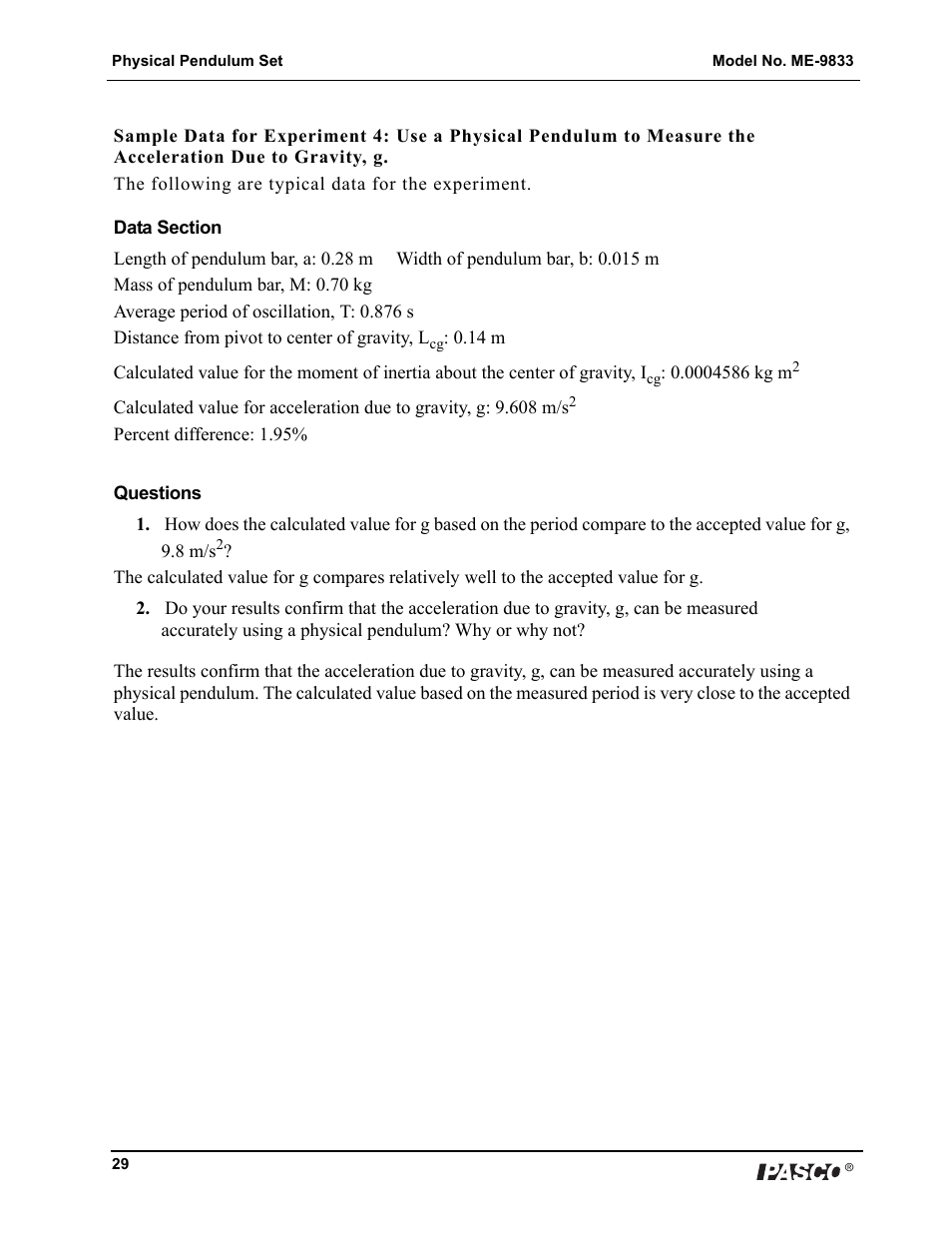 PASCO ME-9833 Physical Pendulum Set User Manual | Page 29 / 30