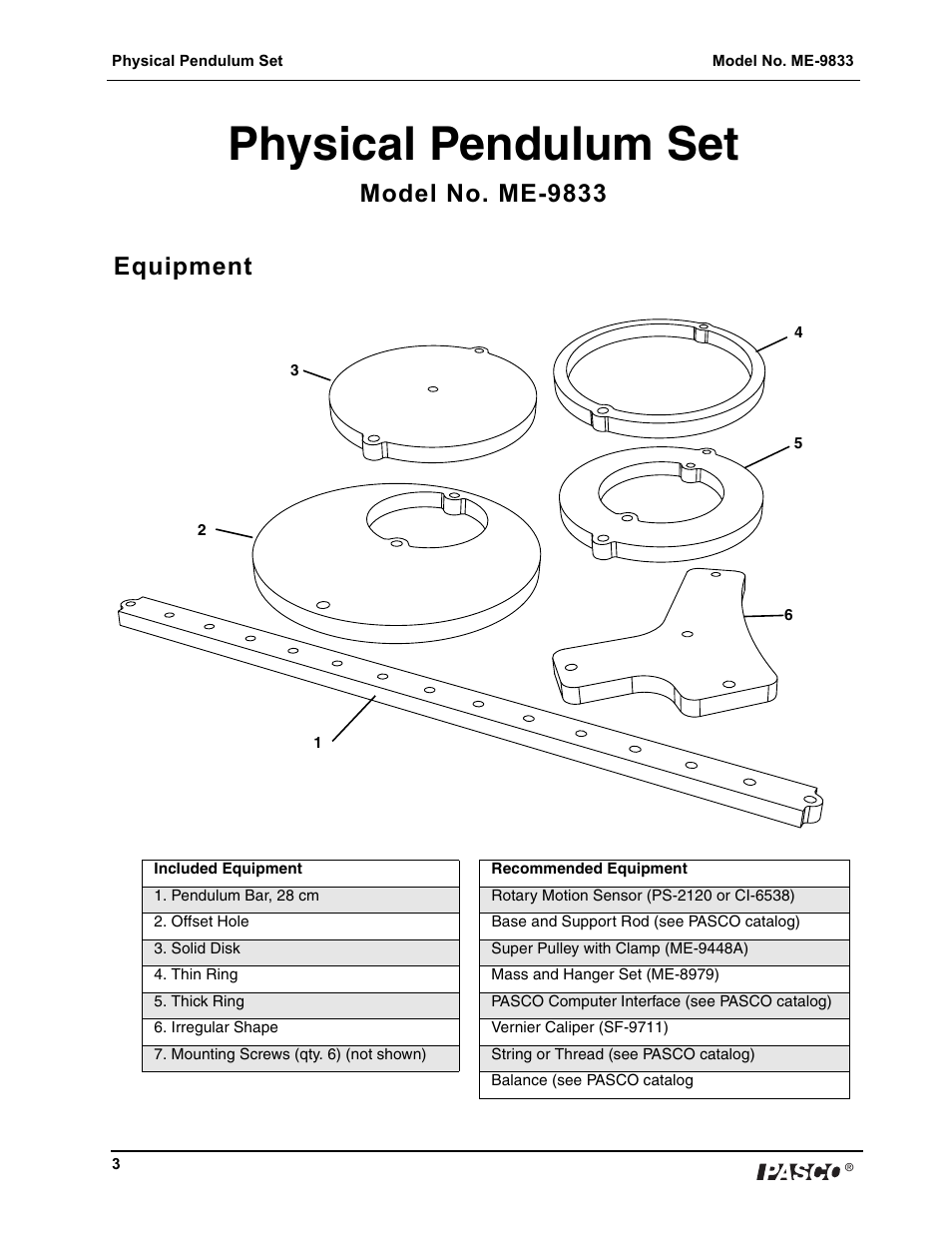 Physical pendulum set, Model no. me-9833 equipment | PASCO ME-9833 Physical Pendulum Set User Manual | Page 3 / 30