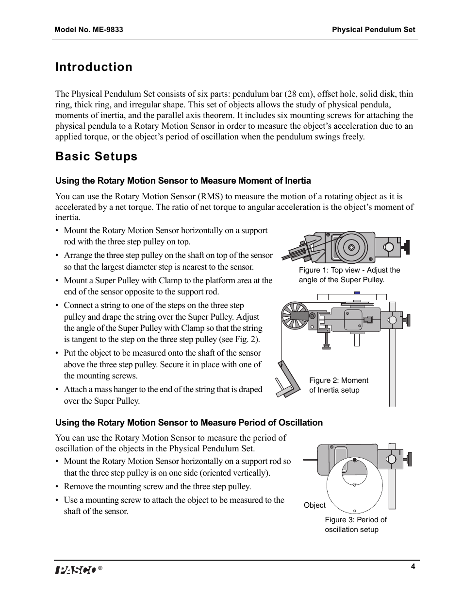 Introduction, Basic setups | PASCO ME-9833 Physical Pendulum Set User Manual | Page 4 / 30