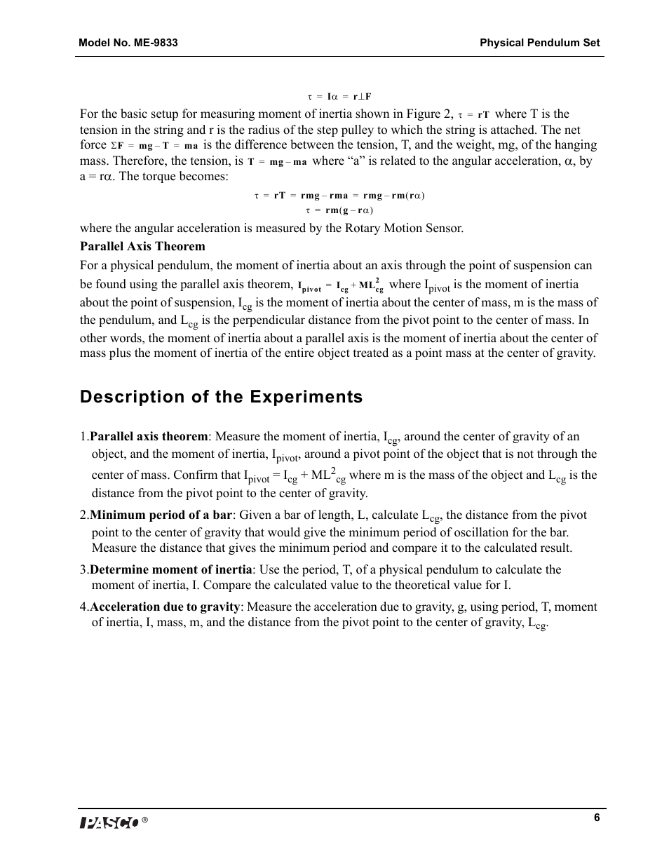 Description of the experiments | PASCO ME-9833 Physical Pendulum Set User Manual | Page 6 / 30