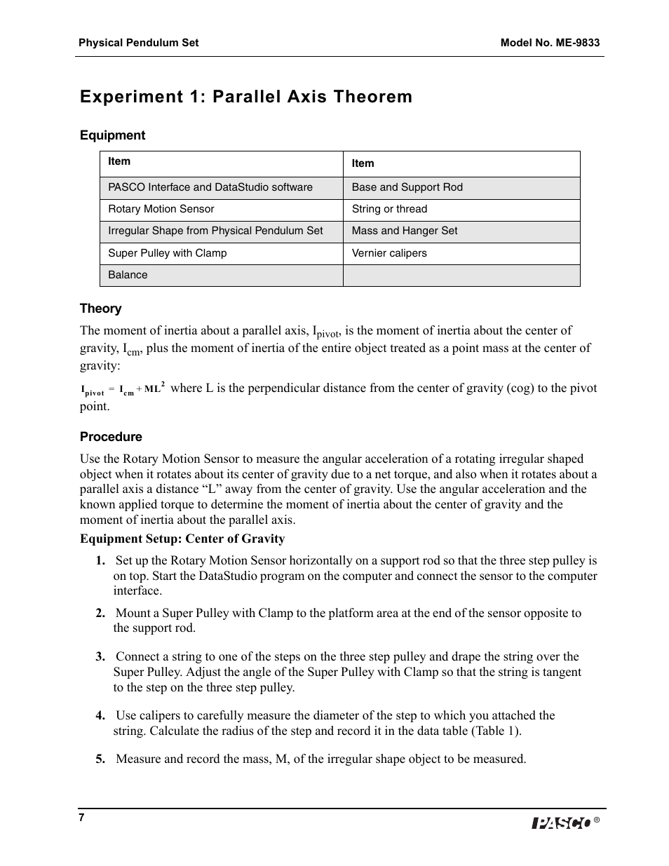 Experiment 1: parallel axis theorem | PASCO ME-9833 Physical Pendulum Set User Manual | Page 7 / 30