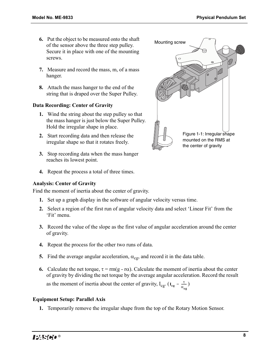 PASCO ME-9833 Physical Pendulum Set User Manual | Page 8 / 30