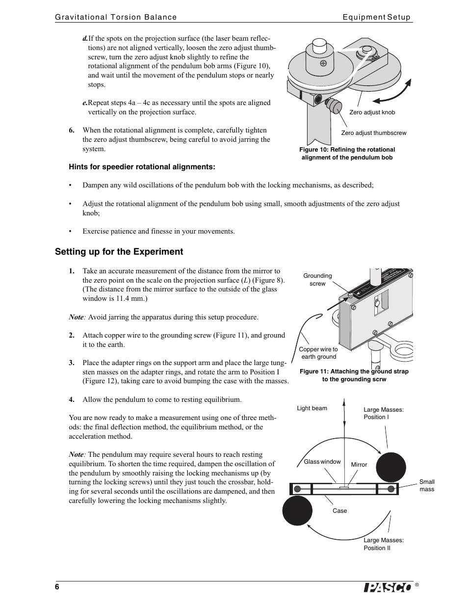 Small mass, Zero adjust knob, Grounding screw | Light beam, Setting up for the experiment | PASCO AP-8215A Gravitational Torsion Balance User Manual | Page 10 / 20