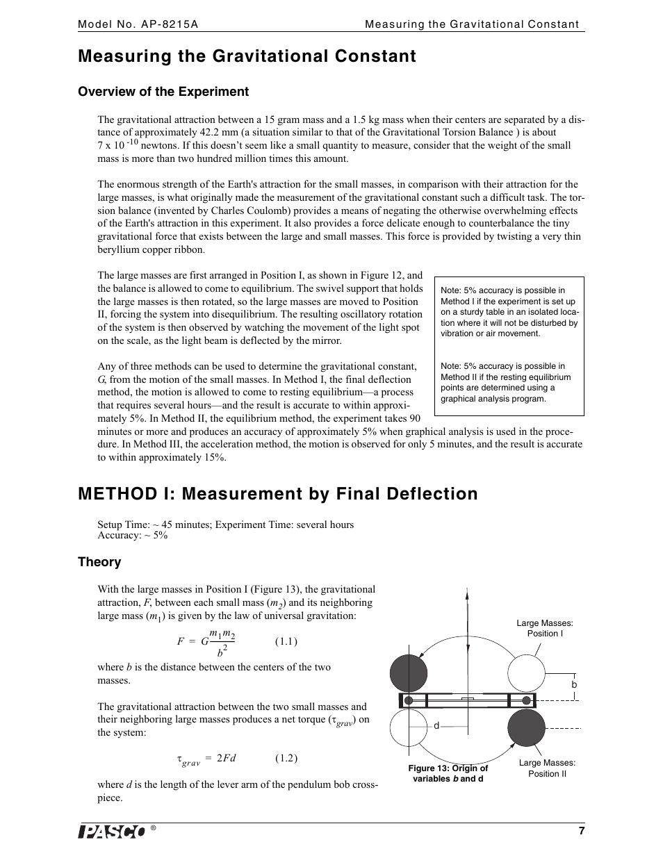 Measuring the gravitational constant, Method i: measurement by final deflection, Large masses: position i | Overview of the experiment, Theory | PASCO AP-8215A Gravitational Torsion Balance User Manual | Page 11 / 20