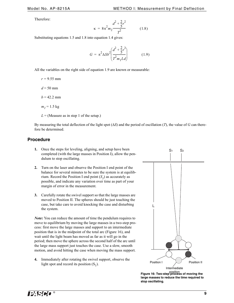Position i, Procedure | PASCO AP-8215A Gravitational Torsion Balance User Manual | Page 13 / 20