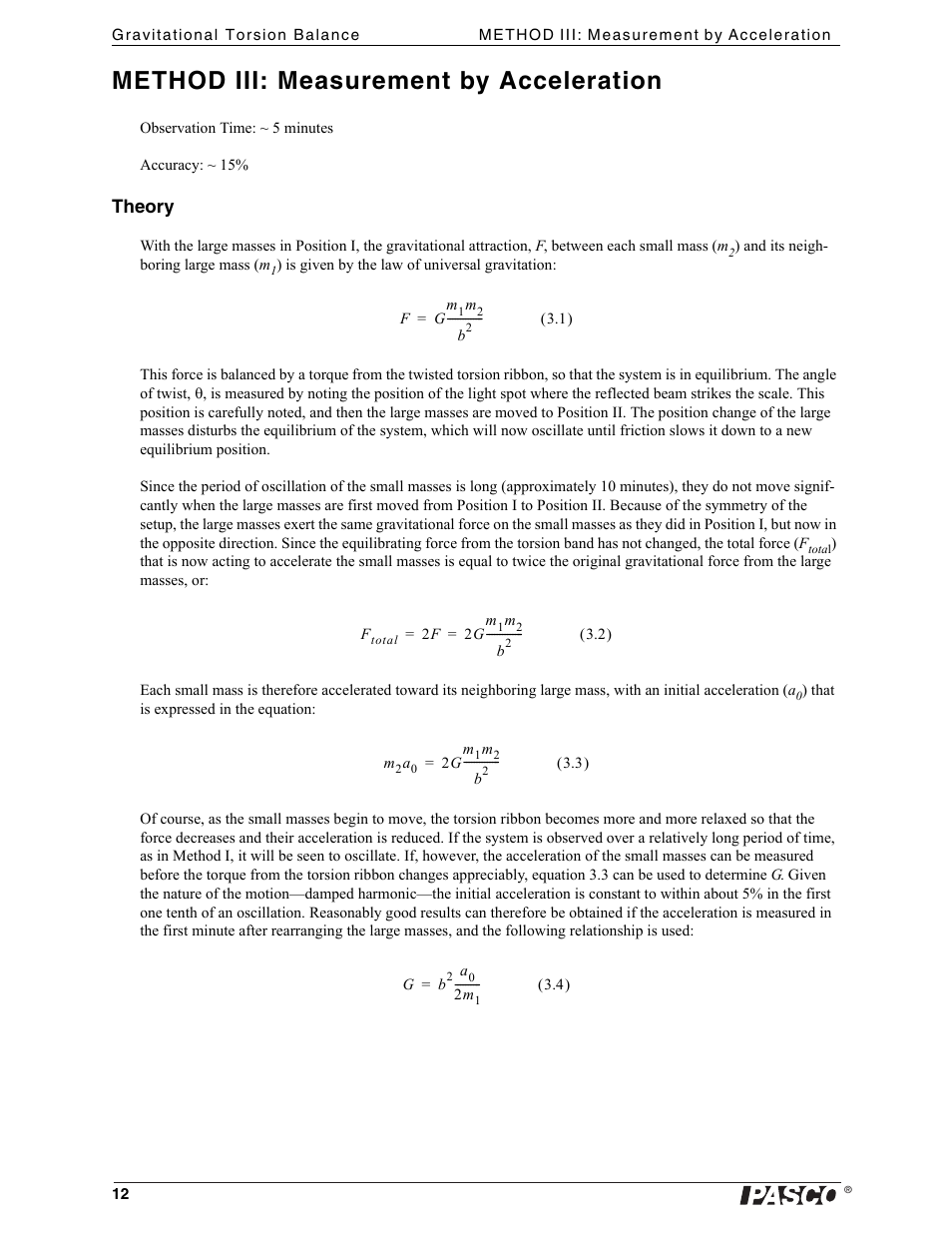 Method iii: measurement by acceleration, Theory | PASCO AP-8215A Gravitational Torsion Balance User Manual | Page 16 / 20