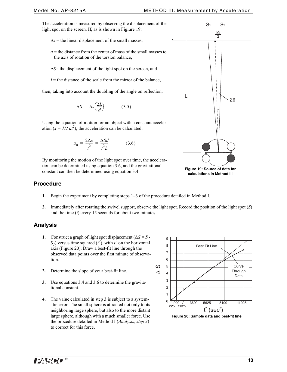 Best fit line, Procedure, Analysis | PASCO AP-8215A Gravitational Torsion Balance User Manual | Page 17 / 20