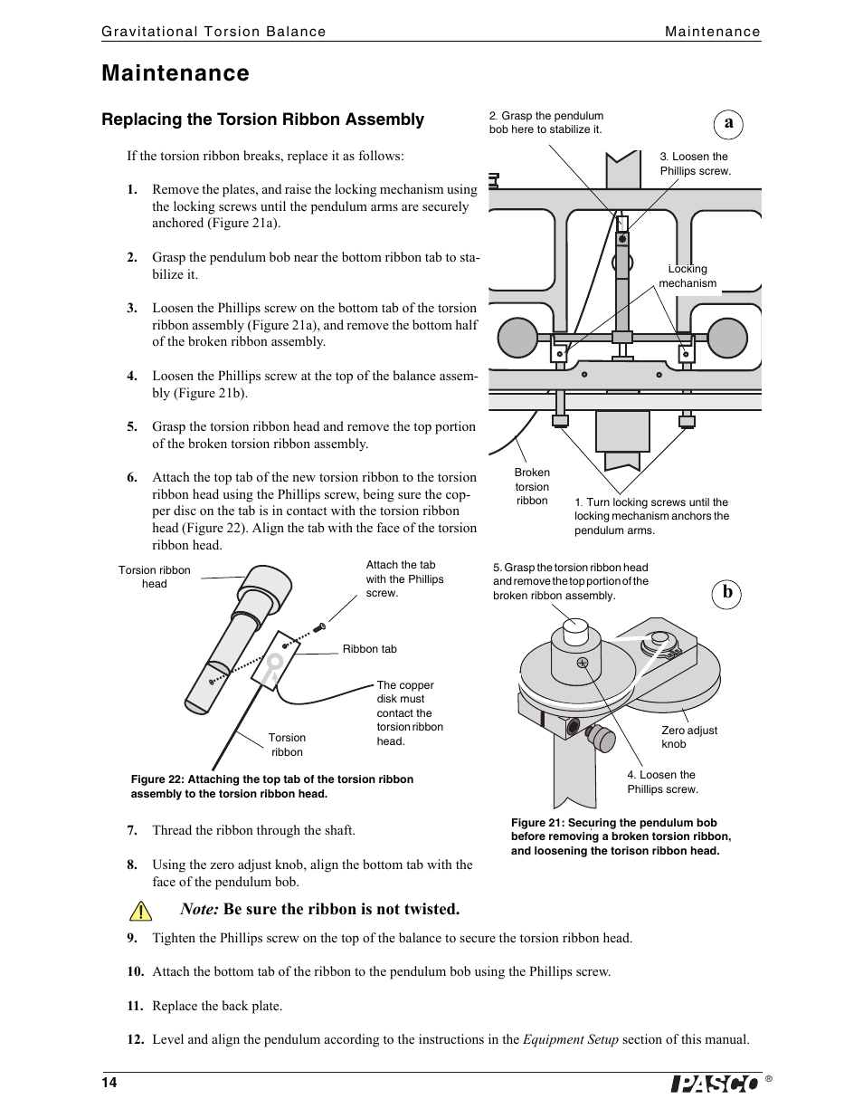 Grasp the pendulum bob here to stabilize it, Maintenance, Broken torsion ribbon | Torsion ribbon, Replacing the torsion ribbon assembly | PASCO AP-8215A Gravitational Torsion Balance User Manual | Page 18 / 20