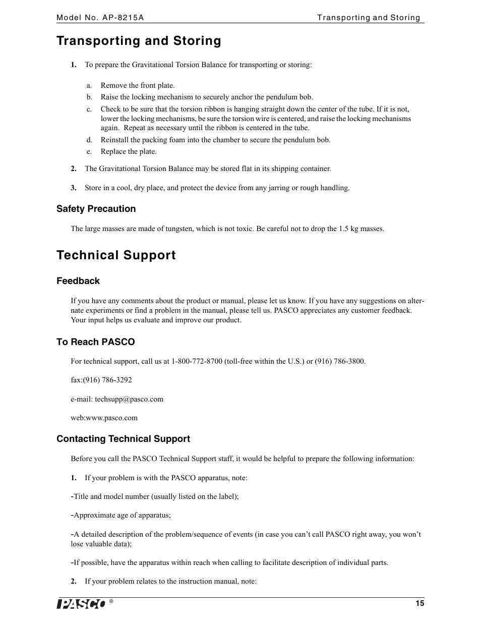Transporting and storing, Technical support | PASCO AP-8215A Gravitational Torsion Balance User Manual | Page 19 / 20