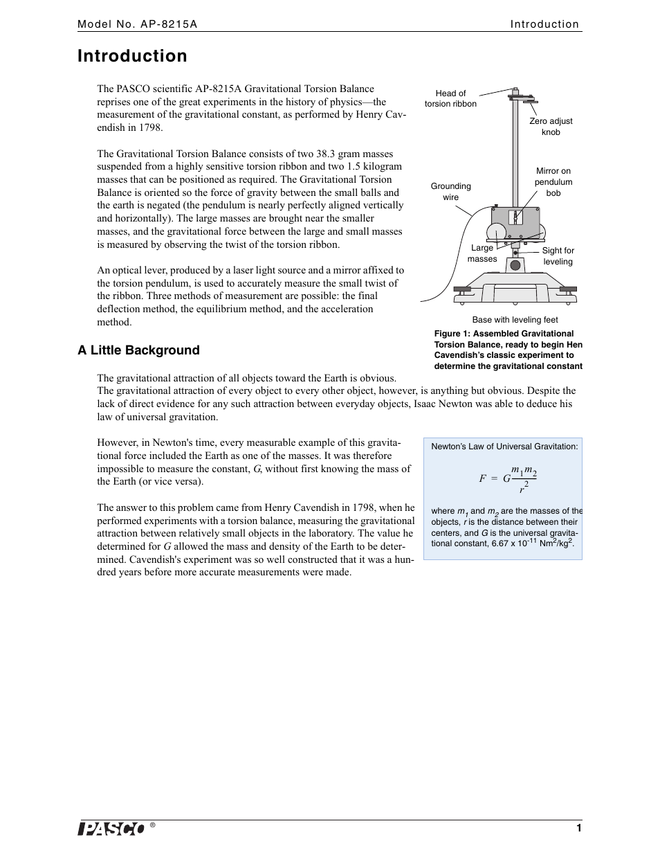 Introduction, Base with leveling feet, A little background | PASCO AP-8215A Gravitational Torsion Balance User Manual | Page 5 / 20