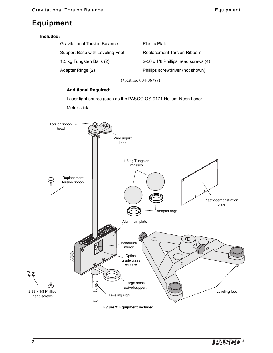 Equipment, 5 kg tungsten masses | PASCO AP-8215A Gravitational Torsion Balance User Manual | Page 6 / 20