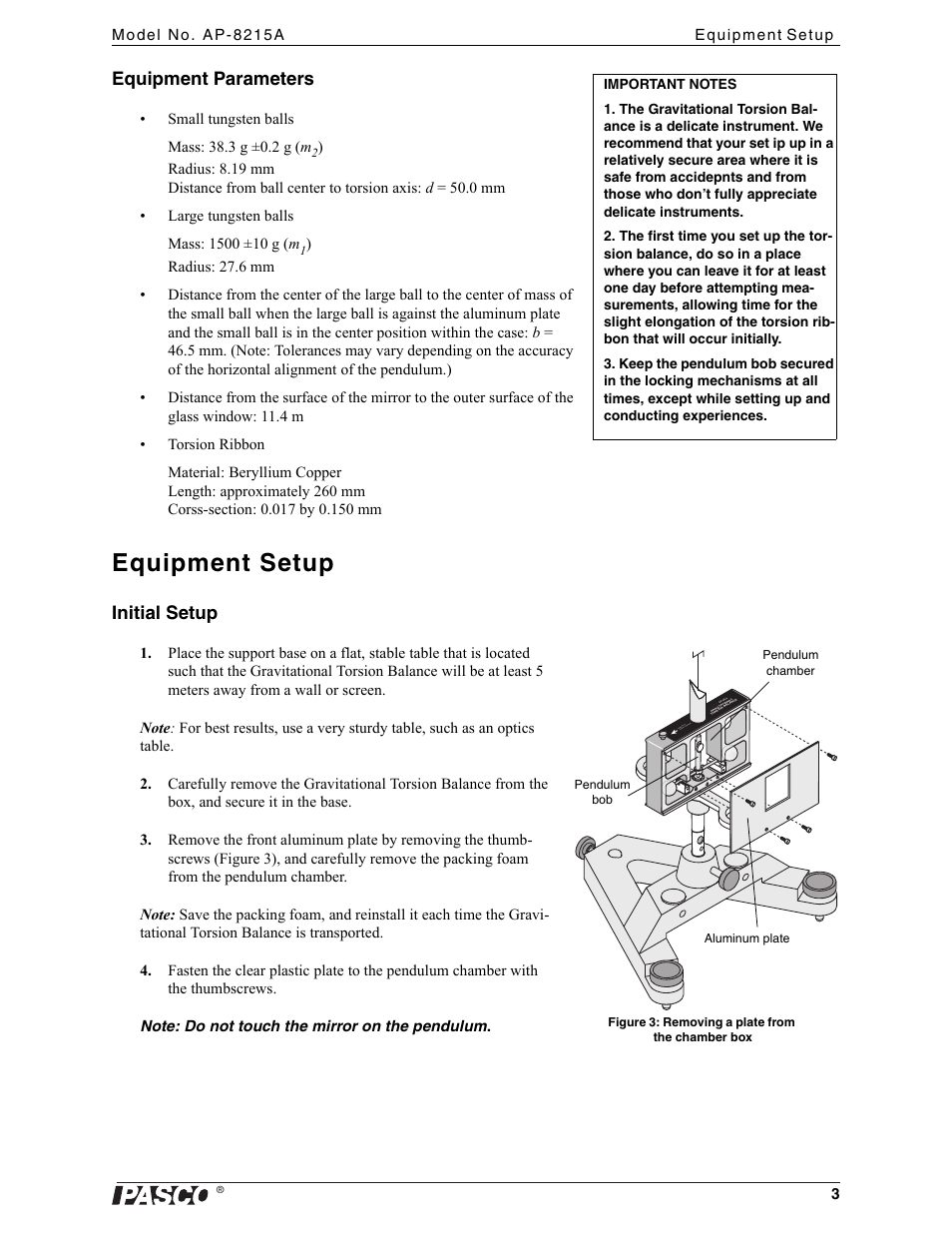 Equipment setup, Equipment parameters, Initial setup | PASCO AP-8215A Gravitational Torsion Balance User Manual | Page 7 / 20