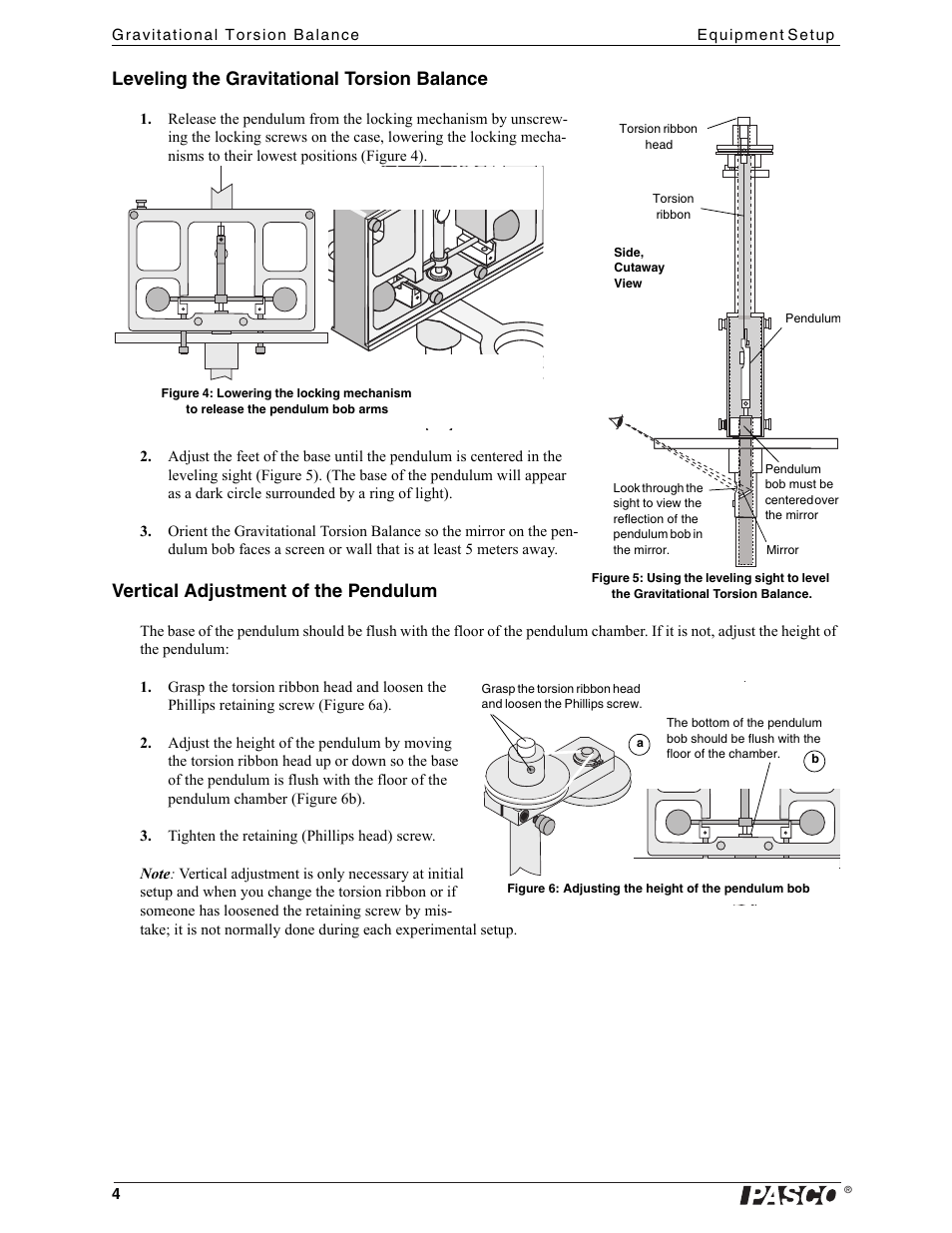 Pendulum bob must be centered over the mirror, Leveling the gravitational torsion balance, Vertical adjustment of the pendulum | PASCO AP-8215A Gravitational Torsion Balance User Manual | Page 8 / 20