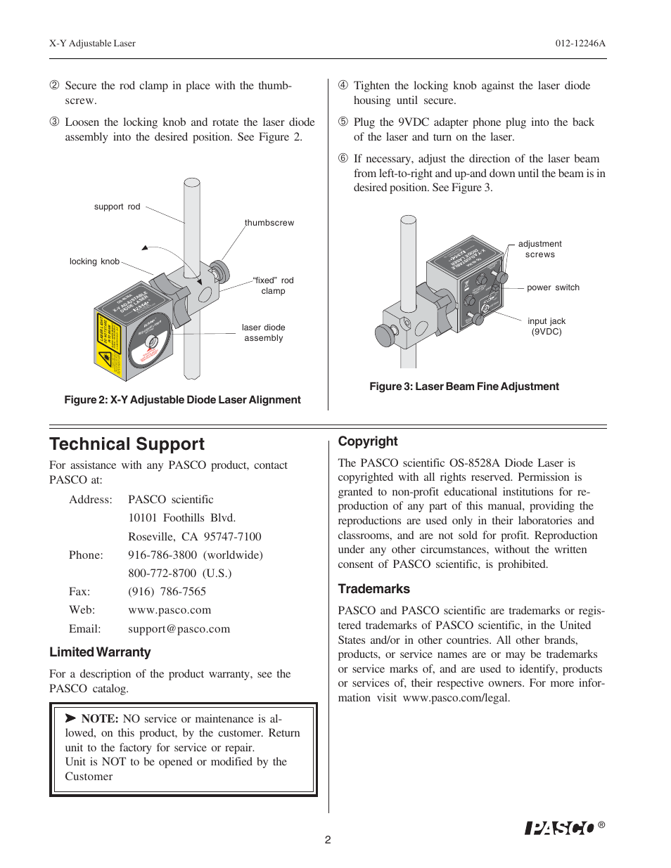 Technical support, Limited warranty, Copyright | Trademarks, Figure 2: x-y adjustable diode laser alignment, Figure 3: laser beam fine adjustment, Gn d, 9v dc, Power switch | PASCO OS-8526A X-Y ADJUSTABLE DIODE LASER User Manual | Page 2 / 2