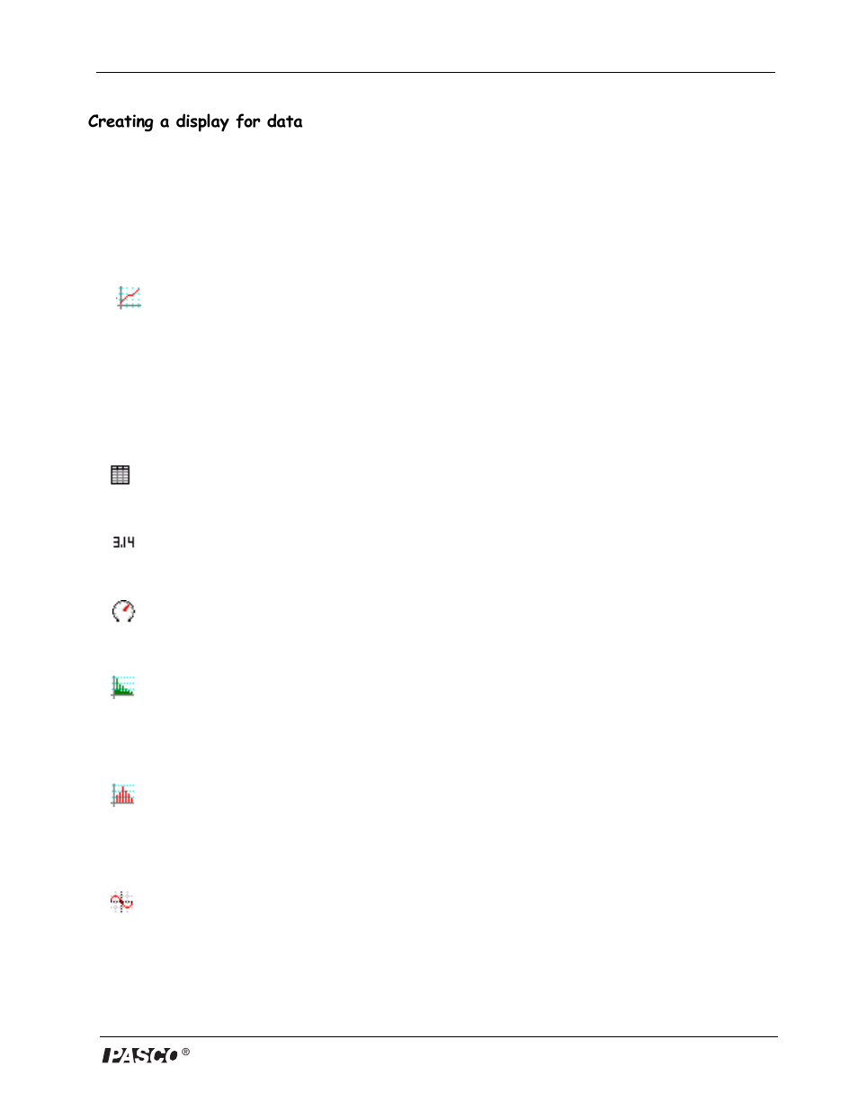 Creating a display for data, Available displays in datastudio | PASCO DataStudio Starter Manual User Manual | Page 11 / 20