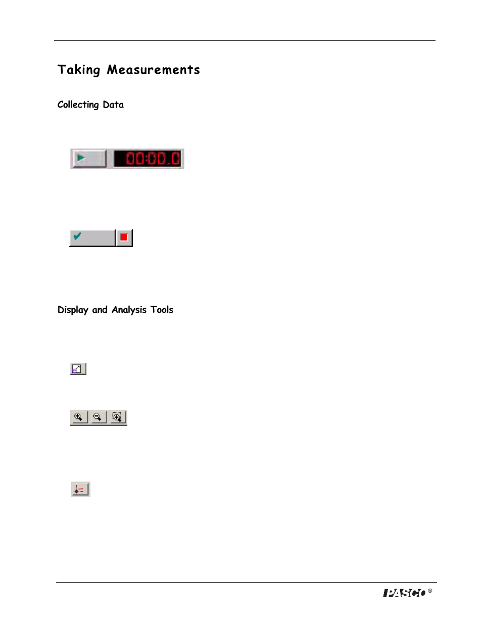 Taking measurements, Collecting data, Display and analysis tools | PASCO DataStudio Starter Manual User Manual | Page 14 / 20