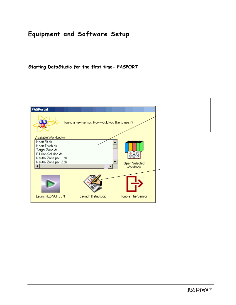 Equipment and software setup, Starting datastudio for the first time- pasport | PASCO DataStudio Starter Manual User Manual | Page 4 / 20