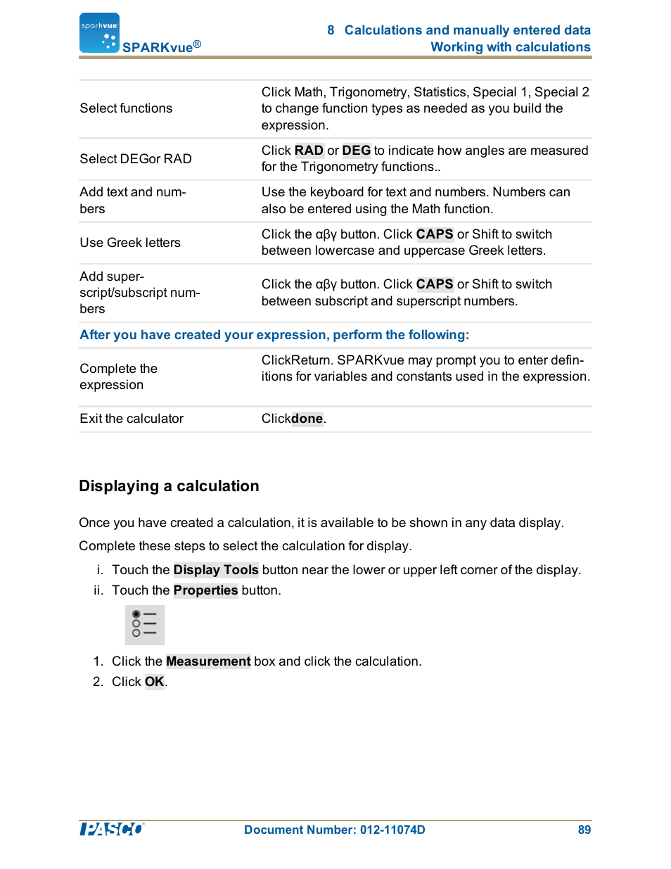 Displaying a calculation, Displaying a calculation": 89 | PASCO SPARKvue ver.2.0 User Manual | Page 101 / 118